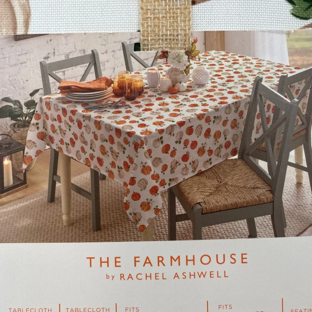 Rachel Ashwell Tablecloth 60x120 White Orange Pumpkin Farmhouse Fall Autumn